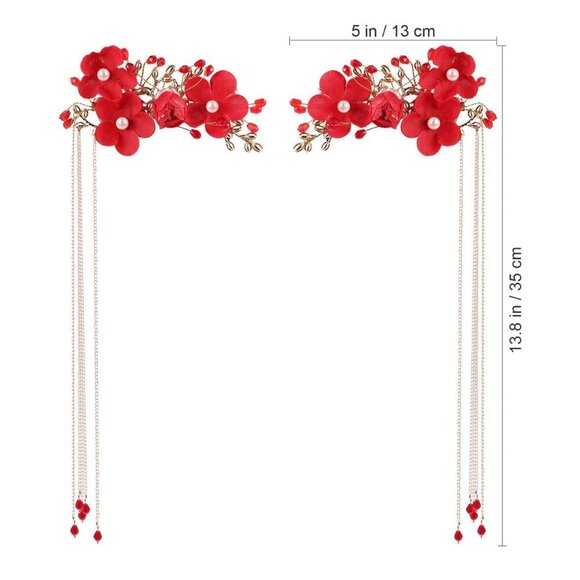 Chinese Wedding Hairpin Red Tassel Pearl Flower Hair Clip Vintage Long Hair Jewe main image 8